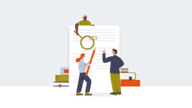 Makale editörleri video konsepti. Metin yazarları veya gazete yazarlarından oluşan bir ekip taşımak metindeki hataları düzeltir ve okuyucular için kalite içeriği yaratır. Sosyal medya ve gazetecilik. Düz grafik çizgi film