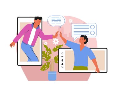 Sanal toplantı. Gençler ya da arkadaşlar internette sohbet eder ve birbirlerine beşlik çakarlar. Uzaktan iletişim ya da akıllı telefon ekranlarından selamlama. Çizgi film düz vektör çizimi