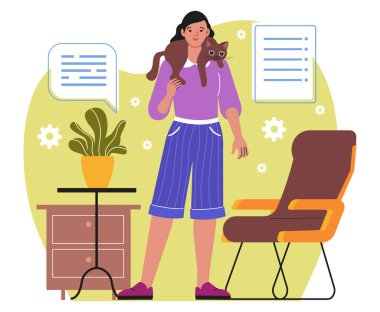 Sevimli kedi konsepti tutan kişi. Omuzlarında küçük tüylü kedi yavrusuyla gülümseyen genç kız. Evcil hayvan ve sahibi arasındaki arkadaşlık. Hayvan bakımı ve aşk. Çizgi film düz vektör çizimi