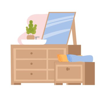 İskandinav tarzında iç mekan. Hijyen ve kişisel bakım için yeri olan banyo. Tahta kaidede, aynada ve havluda lavabo var. Çizgi film düz vektör çizimi beyaz arkaplanda izole edildi