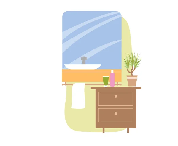 スカンジナビア風のインテリア 掛かる正方形の鏡 タオル ラック 洗面台および木のキャビネットが付いている最小限の浴室の設計 白い背景に隔離された漫画の平らなベクターのイラスト — ストックベクタ