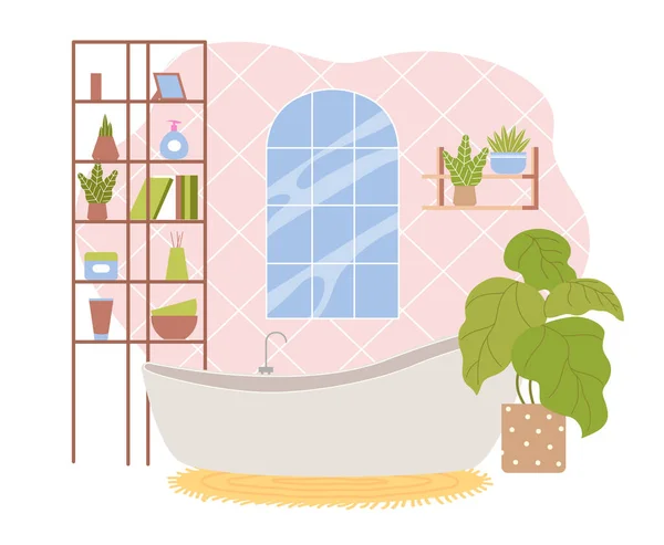 Interior Scandinavian Style Minimalistic Bathroom Large Bathtub Wooden Shelving Shelves — Stock Vector