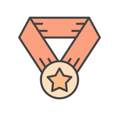 Renkli spor madalyası ikonu. Ödül, kupa, yarışmada kazanan için başarı. Sosyal ağlar ve kuryeler için etiket. Yıldızlı altın ödül, aktif yaşam tarzı. Çizgi film düz vektör çizimi