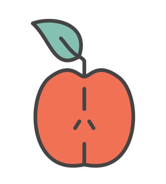 Renkli kırmızı elma ikonu. Vitaminler, eser elementler, vejetaryen diyeti. Sağlıklı beslenme ve dengeli beslenme. Yarı taze meyve. Program ve uygulamalar için arayüz. Çizgi film düz vektör çizimi