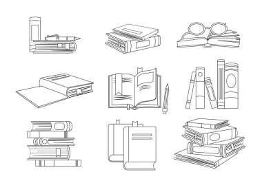 Kitap karalamaları. Minimalist çizimler, yaratıcılık ve sanat koleksiyonu. Eğitim ve eğitim, edebiyat aşkı konsepti. Beyaz arkaplanda izole edilmiş çizgi film düz vektör çizimleri