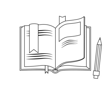 Karalama kitabı ikonu. Ders kitabını yer imi ve kalemle aç. Bilgi ve bilginin sembolü. Şirket ya da organizasyon için logot tipi, markalaşma. Edebiyat ve hobi. Çizgi film düz vektör çizimi
