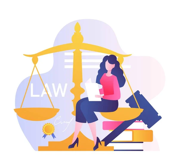 Future Occupation Lawyer Girl Sits Documents Her Hands Scales Judges — Stock Vector