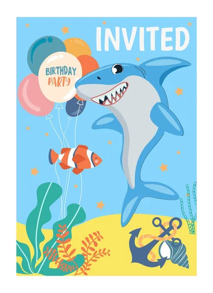 サメの招待状 ポストカード 海洋生物 フィンと風船を持つ大きな魚 ホリデー フェスティバル エンターテイメント プレゼント プレゼント サプライズ — ストックベクタ