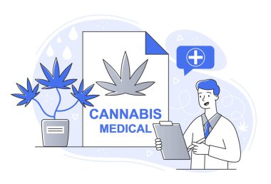 Kenevir tıbbi konsepti. Doktor, hastaya marihuana yaprakları, ağrı kesiciler ve doğal ürünler yazıyor. Sağlık hizmetleri ve düzenli projeler. Poster ya da afiş. Çizgi film düz vektör çizimi