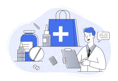 Tıbbi eşyalar hazır. Doktor hastayı teşhis etmek için ekipman seçer ve en uygun tedavi yöntemini seçer. Sağlık hizmetleri ve uzman konseptine düzenli ziyaretler. Çizgi film düz vektör çizimi