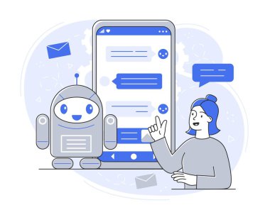 Akıllı sohbet robotu konsepti. Yapay zeka ve sanal asistan. Sık sık sorulan sorulara, geri bildirimlere ve konsültasyona cevaplar. Web sitesi afişi ya da afişi. Çizgi film düz vektör çizimi