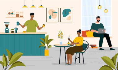 Barista ve müşteriler. Adam genç kız ve erkeğe sıcak içecekler ikram ediyor. Rahatlık ve rahatlık, dinlenme. Küçük işletme sahibi ve garson. Web sitesi afişi ya da afişi. Çizgi film düz vektör çizimi