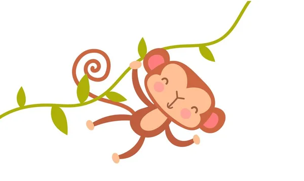 Safari猴子图标 快乐的角色坐着 紧紧抓住丽亚娜 积极的生活方式 快乐和跳跃 黑猩猩在丛林里的蹦极 野生动物和动物概念 卡通平面矢量插图 — 图库矢量图片