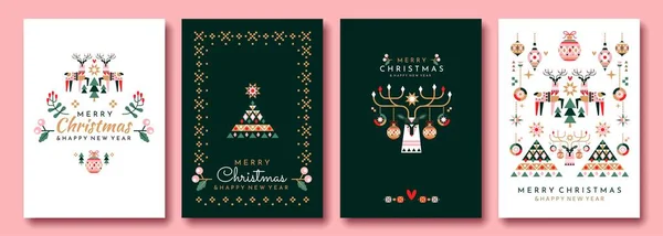 Weihnachtsgrußkarten Set Vorhanden Plakate Und Banner Neujahr Und Winterferien Rentiere — Stockvektor
