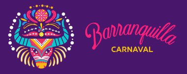 Barranquilla karnaval bayrağı. Geleneksel Kolombiya bayramı ya da festivali. Maskeli balo ve parti. Selamlama ve davetiye kartpostal tasarımı. Tüylü parlak bir maske. Çizgi film düz vektör çizimi