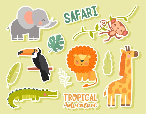 Safariステッカーセット ソーシャルネットワークとインスタントメッセンジャーのためのアイコンの収集 モンキー オウム キリン ライオン アフリカの動物たち 緑の背景に単離された漫画フラットベクターイラスト — ストックベクタ