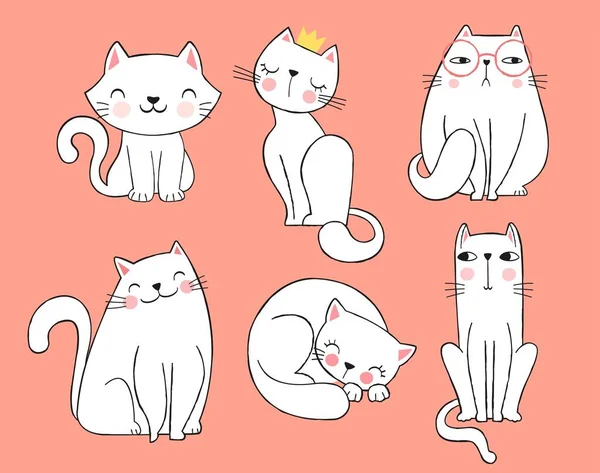 可爱的白猫 为社交网络和信使收集贴纸 反应和情感 手势和面部表情 在粉色背景上孤立的卡通平面矢量插图 — 图库矢量图片
