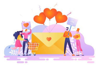 Sevgililer günün kutlu olsun. Bir adam ve bir kadın, büyük bir zarfın yanında. Romantik bayram ya da festival için kartpostal yollamak için tasarım öğesi. Erkek arkadaş ve kız arkadaş. Çizgi film düz vektör çizimi
