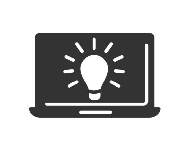 Ampul ikonlu dizüstü bilgisayar. Başlangıç ve yenilik, şirket ya da organizasyon geliştirme metaforu. Video görüşmesi ya da konferans. Modern teknoloji ve dijital dünya. Çizgi film düz vektör çizimi