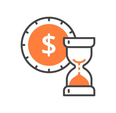 Kum saati ikonlu para. Finansal okuryazarlık ve pasif gelir. Saatin yanında madeni para. Şirket ve organizasyon gelirleri, etkin zaman yönetimi ve iş akışı. Çizgi film düz vektör çizimi