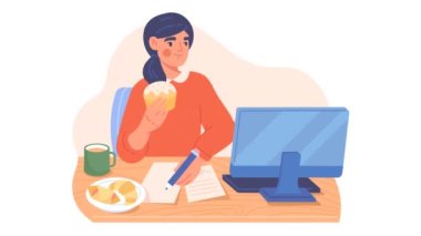 İş yerindeki video konseptinde yemek yiyen serbest çalışan biri. Taşıyıcı kız girişimci bilgisayarda çalışıyor, rapor hazırlıyor, kek yiyor ve kahve içiyor. Atıştırmalık ya da ofiste öğle yemeği. Düz grafik çizgi film