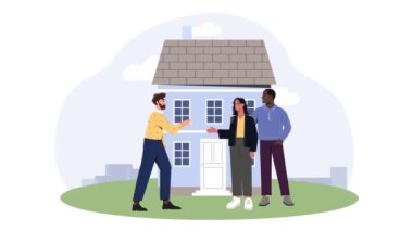 Family Buy Home video konsepti. Taşıyıcı adam ve kadın emlakçıdan anahtar alıyorlar. Mülke yatırım yapmak, daire kiralamak ya da ipotek. Ev kredisi. Düz grafik çizgi film