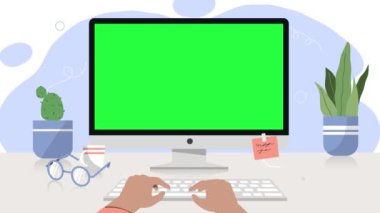 Ev videosu konseptinde iş yeri. Çalışanların hareket eden elleri fareyi tutuyor ve monitörün önünde bilgisayar klavyesi üzerinde çalışıyor. Yeşil krom tuşlu ekran ya da kopyalama alanı. Düz grafik çizgi film