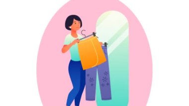 Alışveriş ve kıyafet video konsepti satın almak. Hareketli genç kız soyunma odasında kıyafet dener ve aynaya bakar. Karakter, galeride ya da moda mağazasında alışveriş yapar. Düz grafik çizgi film