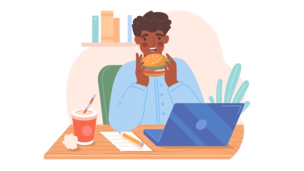 在工作场所吃食物的自由职业者视频概念 工作繁忙的男性员工休息时吃美味的汉堡包 在笔记本电脑上工作和吃饭的角色 平面图形动画片 — 图库视频影像