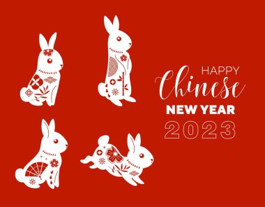 Chinece New Yera kağıt kesiği. Tebrik ve davetiye kartpostalları için tasarım ögesi. Web sitesi için grafik ögesi. Geleneksel Asya bayramı, kültür. Mutlu noeller. Çizgi film düz vektör çizimi