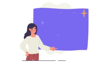 İş hayatında hikaye anlatmak. Taşıyıcı kız girişimci yeni iş projesini sunar. Başarılı bir girişimin metaforu olarak roket fırlatma. Kârı artırmak için yaratıcı bir fikir. Düz grafik çizgi film