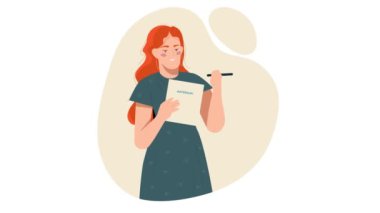 Not yazan kişi. Taşınan kız elinde kalem ve not defteri tutarak verimli bir iş ve ezberleme için hatırlatıcı oluşturuyor. İş görüşmeleri ve yapışkan notlar listesi. Düz grafik çizgi film