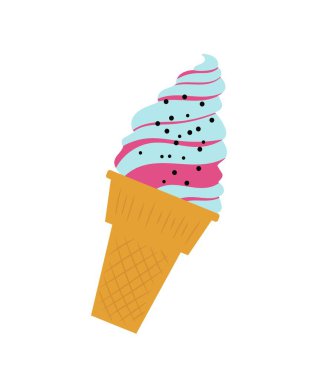 Renkli dondurma. Sosyal ağlar ve anlık kuryeler için etiket. Kafe ya da restoran menüsü. Sıcak hava ve yaz mevsimi için soğuk yiyecekler. Çizgi film düz vektör çizimi