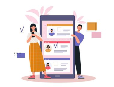 Erkek ve kadın oy veriyor. Akıllı telefonun yanındaki genç çift adaylardan birini seçiyor. Politika, başkanlar ve valiler. Aktif ve sorumlu toplum. Çizgi film düz vektör çizimi