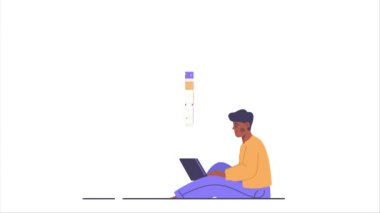 Online takvim video konsepti. Dizüstü bilgisayarı olan birini taşımak ya programı ya da listeyi yapar. Genç karakter notlar alır ya da hatırlatır. Çoklu görev ve zaman yönetimi. Düz grafik çizgi film