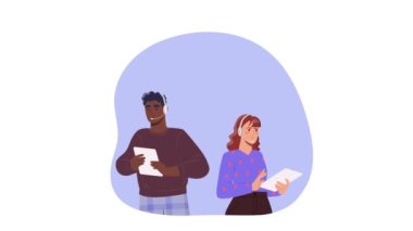 Masa Operatörleri video konseptine yardım et. Taşıyıcı adam ve kadın kulaklıklı kullanıcı sorularına cevap verin, sorunları çözün ve bakım sağlayın. Merkezi ya da destek ekibini ara. Düz grafik çizgi film