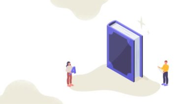 Online sözlük. Taşınan erkek ve kız öğrenciler kitapların yardımıyla uzaktan yabancı diller öğrenirler. Kelime dağarcığı, dil bilgisi ve İngilizce öğrenme. Uzaktan eğitim. Isometric grafik çizgi film