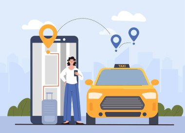 Taksi çağıralım. Akıllı telefon siparişleri taşıyan bir kadın. Seyahat ve turizm. Genç kız araba takibi. Modern teknolojiler ve dijital dünya. Navigasyon ve GPS. Çizgi film düz vektör çizimi