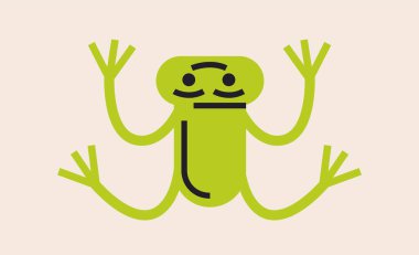 Komik karalama nesnesi. Üzerinde küçük şirin yeşil kurbağa olan soyut bir el yazısı. Gülümseyen hayvan karakteri. Çocuk kartpostalları için tasarım öğesi. Bej arkaplanda çizgi film düz vektör çizimi