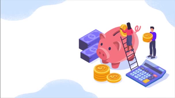 Saving Money Concept Moving Man Woman Throw Coins Piggy Bank — Stock Video