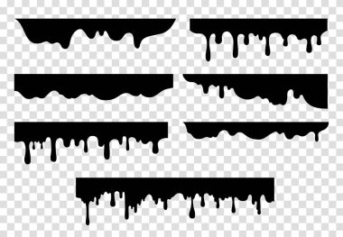 Mürekkep siyah seti düşürür. Soyut yaratıcılık ve sanat, grunge tarzı ve sokak sanatı. Doğal desenler, fotokopi uzayında koyu sıvı. Şeffaf arkaplanda izole edilmiş çizgi film düz vektör çizimleri