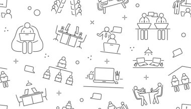 Kusursuz bir şablon. Kumaş üzerine baskı yapmak için tasarım ögesi tekrarlanıyor. Ortaklar, ekip ve meslektaşlar, uzaktan çalışanlar. İş yapısı, etkileşim. Çizgi film düz vektör çizimi