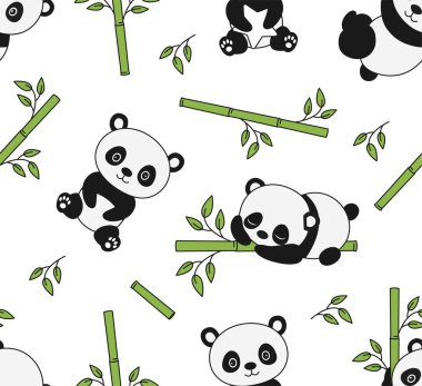 Panda 'da kusursuz desen var. Kumaş üzerine baskı yapmak için tasarım ögesi tekrarlanıyor. Bambu, vahşi yaşam, bitki örtüsü ve hayvan, doğa. Biyoloji ve zooloji, hayvanat bahçesi. Çizgi film düz vektör çizimi