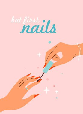 Manikürlü eller kavramı. Pedikür ve güzellik seansı. Web sitesi için reklam afişi ya da afişi. Güzellik ve estetik, hijyen. Çizgi film düz vektör çizimi