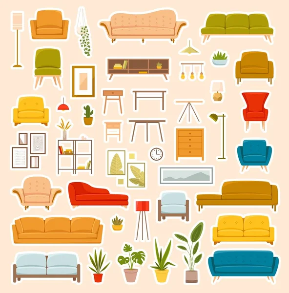 Nálepky Nábytek Obývacím Pokoji Pohodlí Pohodlí Bytě Pohovka Lampa Rostlina — Stockový vektor