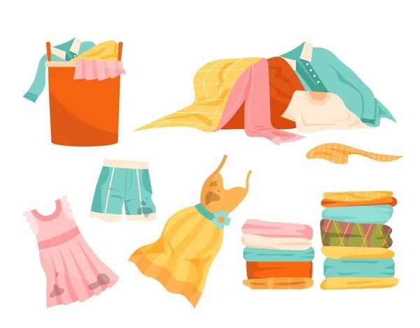 Ensemble Vêtements Sales Propres Collection Robes Shorts Pour Enfants Propreté — Image vectorielle