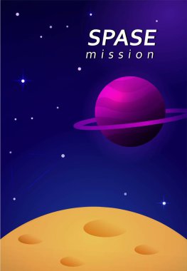 Gezegen posterli uzay. Görev, macera ve yolculuk, bilimsel keşif. Astroloji ve astronomi. Yıldızlar ve takımyıldızlar. Kozmik kapak ya da afiş. Çizgi film düz vektör çizimi