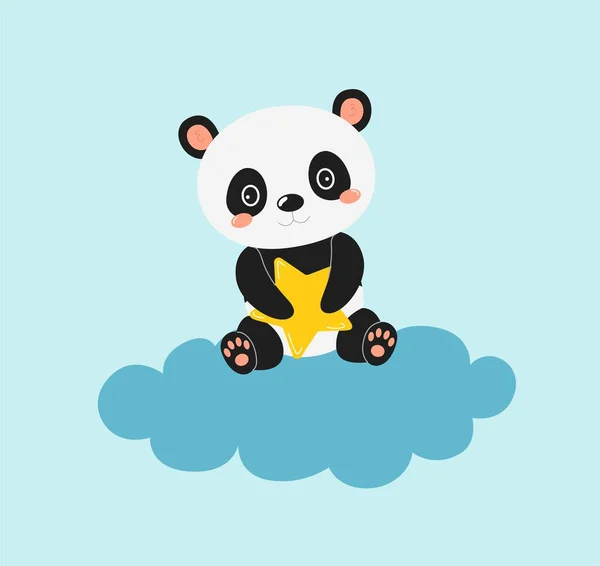 Karta Narodzin Panda Chmurze Urocza Postać Siedzi Gwiazdą Ręku Wyobraźnia — Wektor stockowy