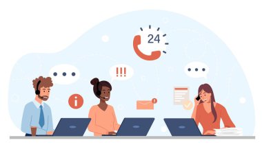 Çağrı merkezindekiler. Dizüstü bilgisayardaki kadın ve erkekler kullanıcıların sorularına cevap veriyor. Teknik destek ve yardım hattı. İşçiler müşterilerle konuşmak için kulaklık kullanıyor. Çizgi film düz vektör çizimi