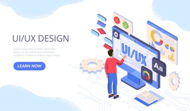 UI ve UX tasarımı. Programlar, yazılımlar ve uygulamalar için arayüz geliştiren adam, akıllı telefonun ekranının yanındaki genç adam. Modern teknolojiler ve dijital dünya. Çizgi film düz vektör çizimi